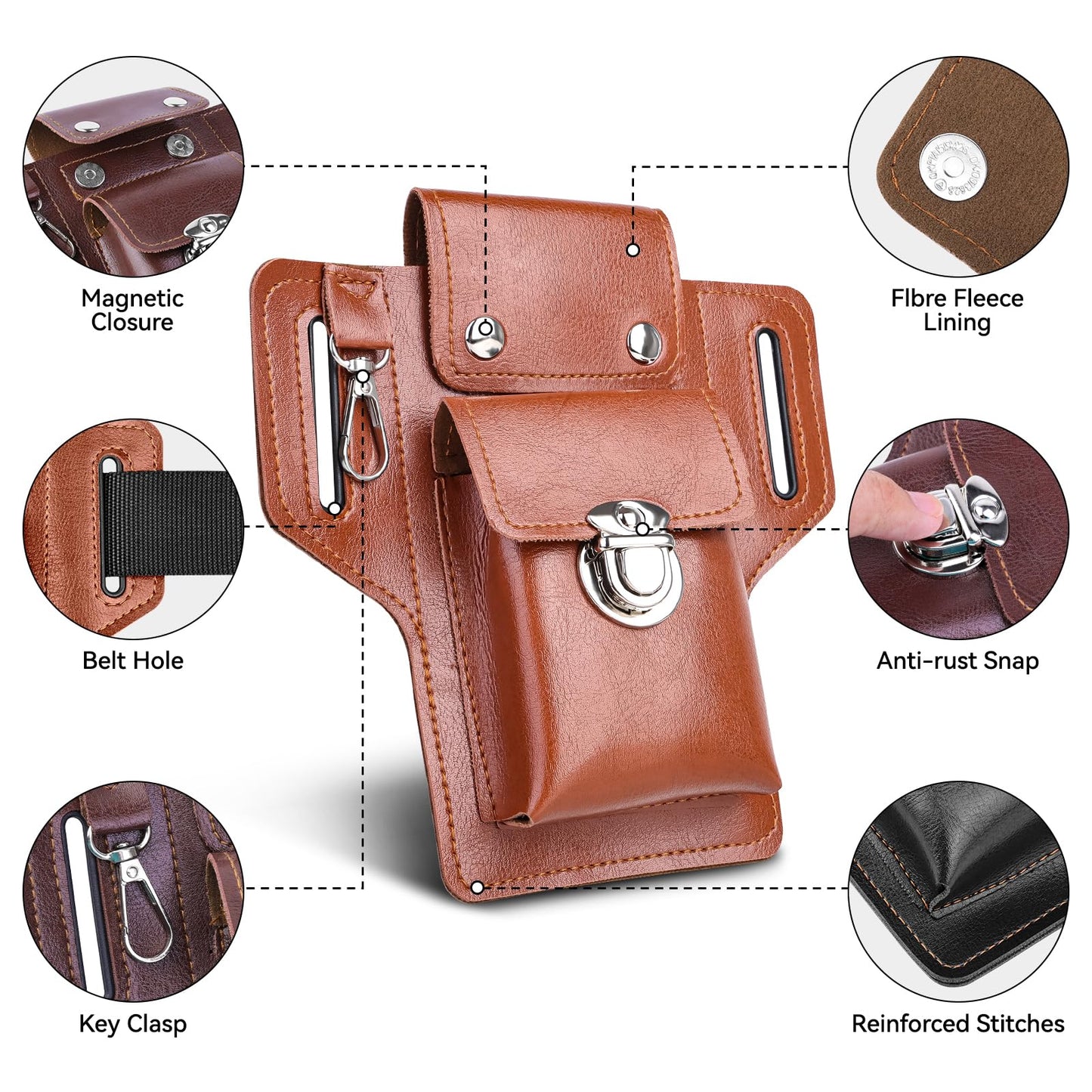 Leather Phone Holster for iPhone 17/16/15/14/13/12/their Pro & Pro Max, Belt Clip Cell Phone Case for Galaxy S25/S24/S23, Multitool Magnetic Closure Belt Pouch, Fits All Phones up to 7" (Ebony)