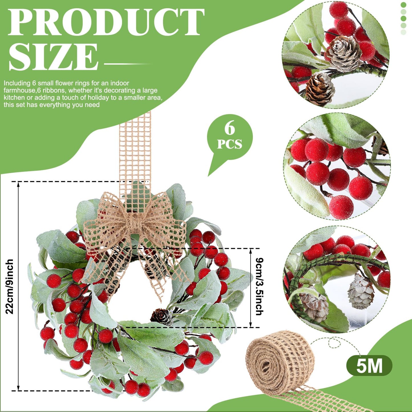 Zeyune 6 Set 9'' Small Wreaths for Kitchen Cabinets Mini Christmas Wreaths Real to Touch Lamb Ear with Burlap Ribbon Red Berry Farmhouse for Xmas Wall Window Indoor Outdoor Chair Decor