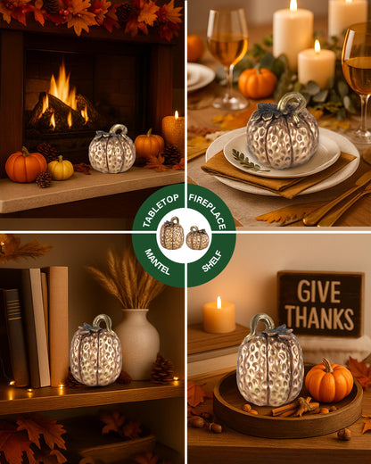 GoGnome Gold Resin Pumpkin Figurines Set of 2 – Textured Fall Harvest Decorations for Table Centerpiece Thanksgiving Décor, Autumn Home Accents (Gold)