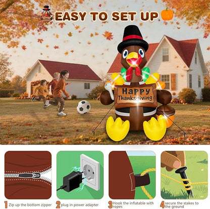Thanksgiving Inflatables Turkey Outdoor Decorations 6FT Fall Inflatable Turkey with Built-in LED Lights with Colorful Tail Blow up Outdoor Lawn Yard Decoration