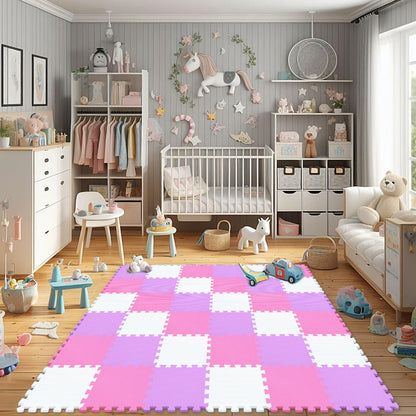 qqpp EVA Rubber 18 Tiles Interlocking Puzzle Foam Floor Mats - Baby Play Mat for Playing | Exercise Mat for Home Workout. White, Pink, Purple. QC-ACKb18N