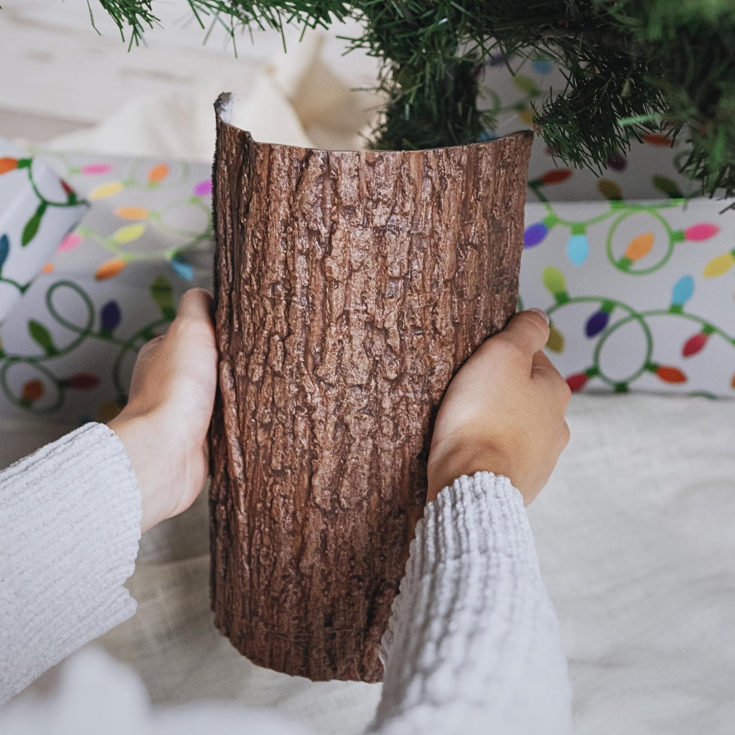 Realistic Faux Brown Bark Xmas Tree Skirt Hides Fake Pole, By Christmas Tree Hugger