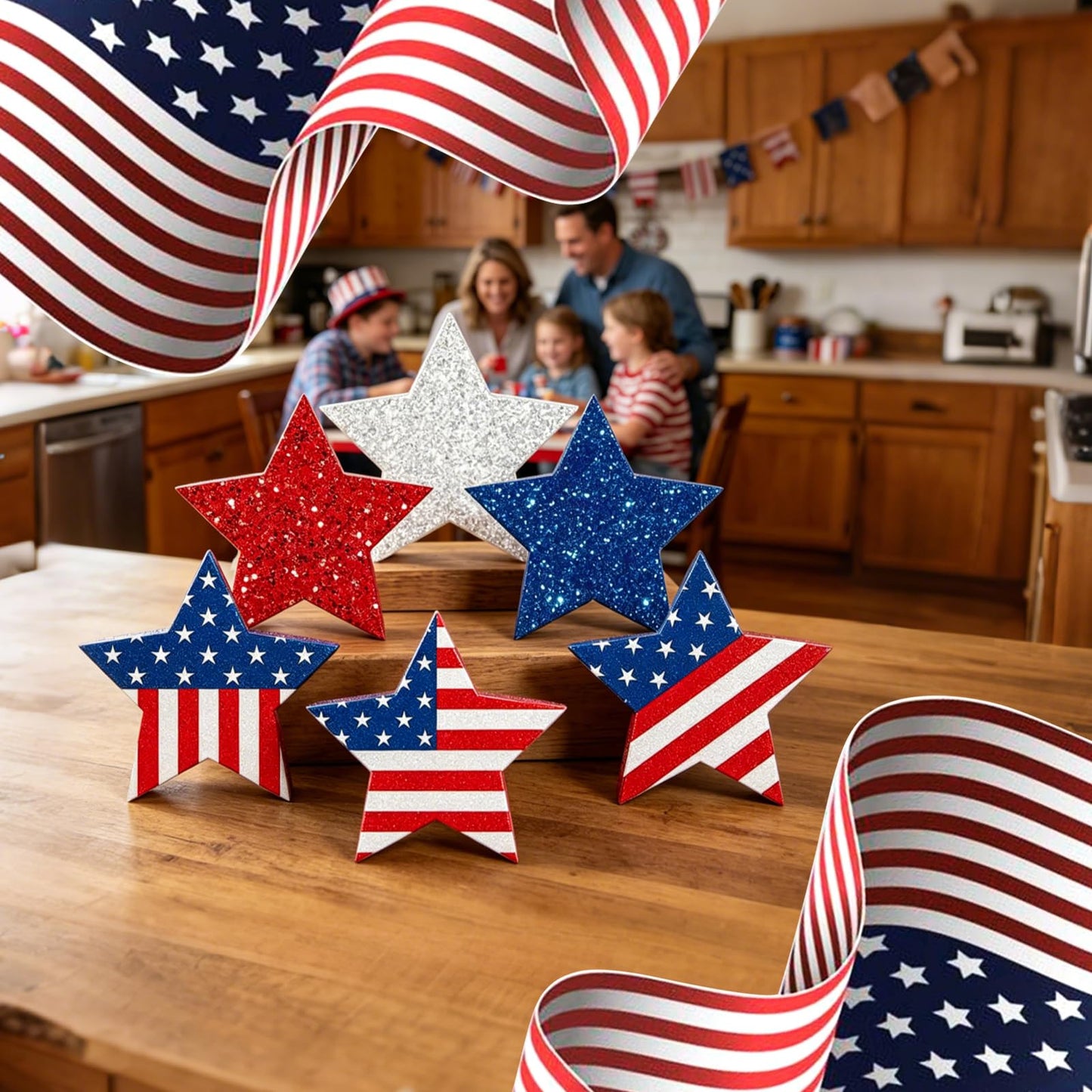 6 Pcs 4th of July Decorations Patriotic Wooden Star Signs Red White Blue Memorial Day Tiered Tray Decor Americana Table Home Decor for Independence Day Shelf Kitchen Office
