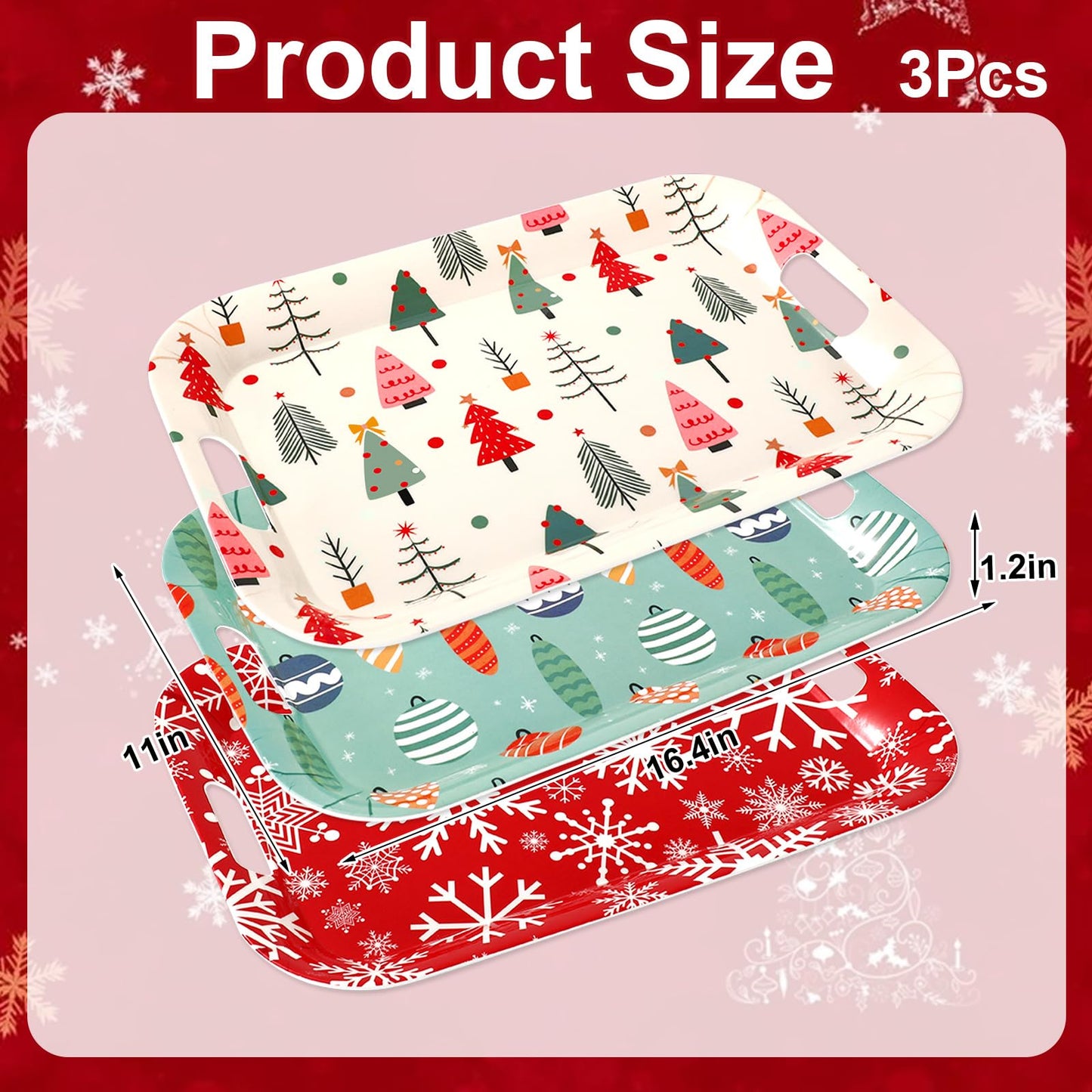 JarThenaAMCS 3Pcs Christmas Boho Serving Trays 16.4 x 11 Inch Xmas Tree Ball Snowflake Platter with Handles Reusable Serving Dishes for Winter Birthday Party Sharing Snacks Fruit Dessert