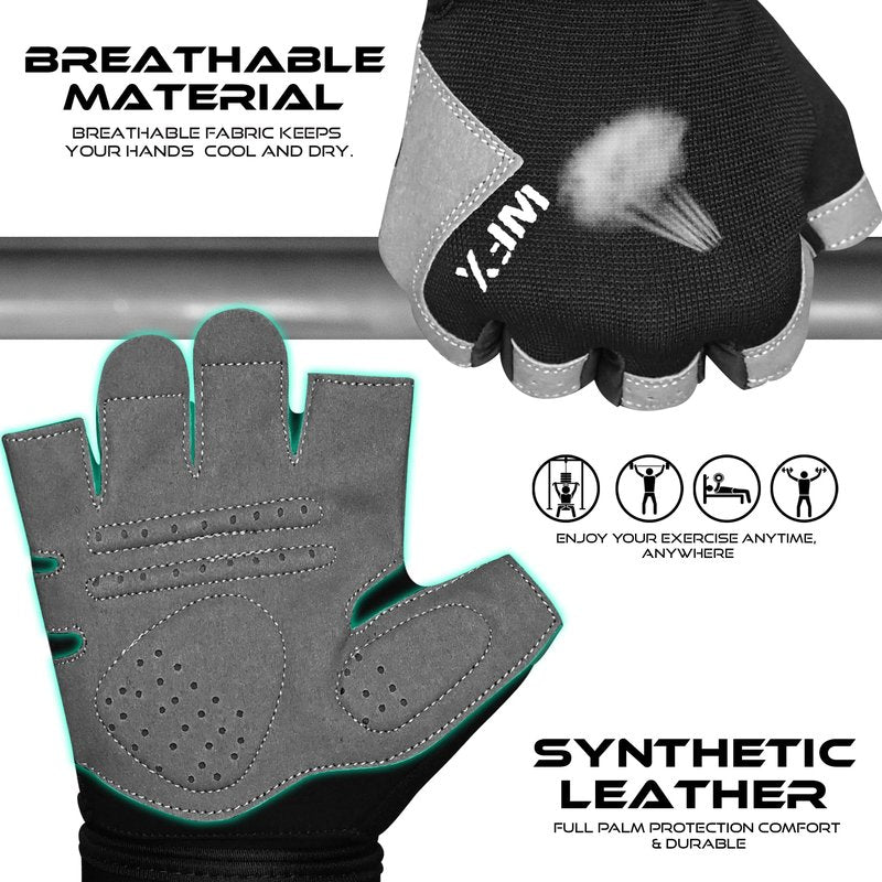 WESTWOOD FOX Gym Gloves Fitness Training Anti Slip Shock-Absorbing Weight Lifting Gloves Padded Grip Breathable Fingerless Workout Support for Men Women Cycling Exercise (Long Wristband, M)