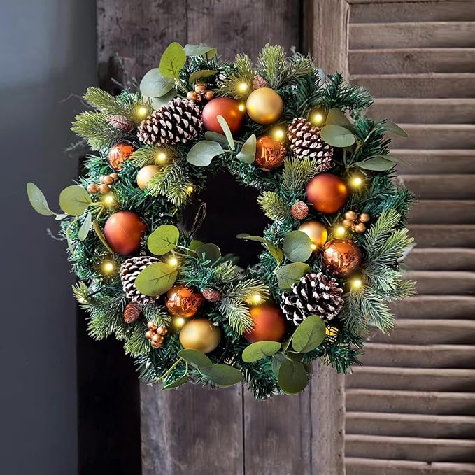WANNA-CUL Pre-Lit 20 Inch Lighted Christmas Wreath for Front Door Decoration with Copper Gold Christmas Ball Ornaments,Battery Operated 30 LED Lights