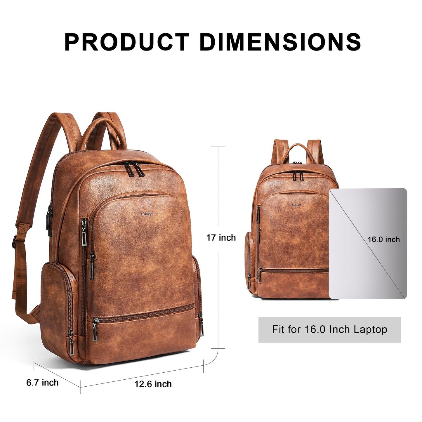 tiamyi Leather Backpack for Women Men, Fits 16.0 Inch Laptop, Soft Vegan Leather Backpack for Travel and Daily Use, Brown