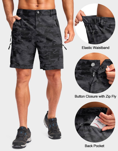 Pudolla Men's Hiking Cargo Shorts Lightweight 7" Travel Casual Shorts for Men Golf Work Outdoor with 5 Zipper Pockets(Black Camo Large)