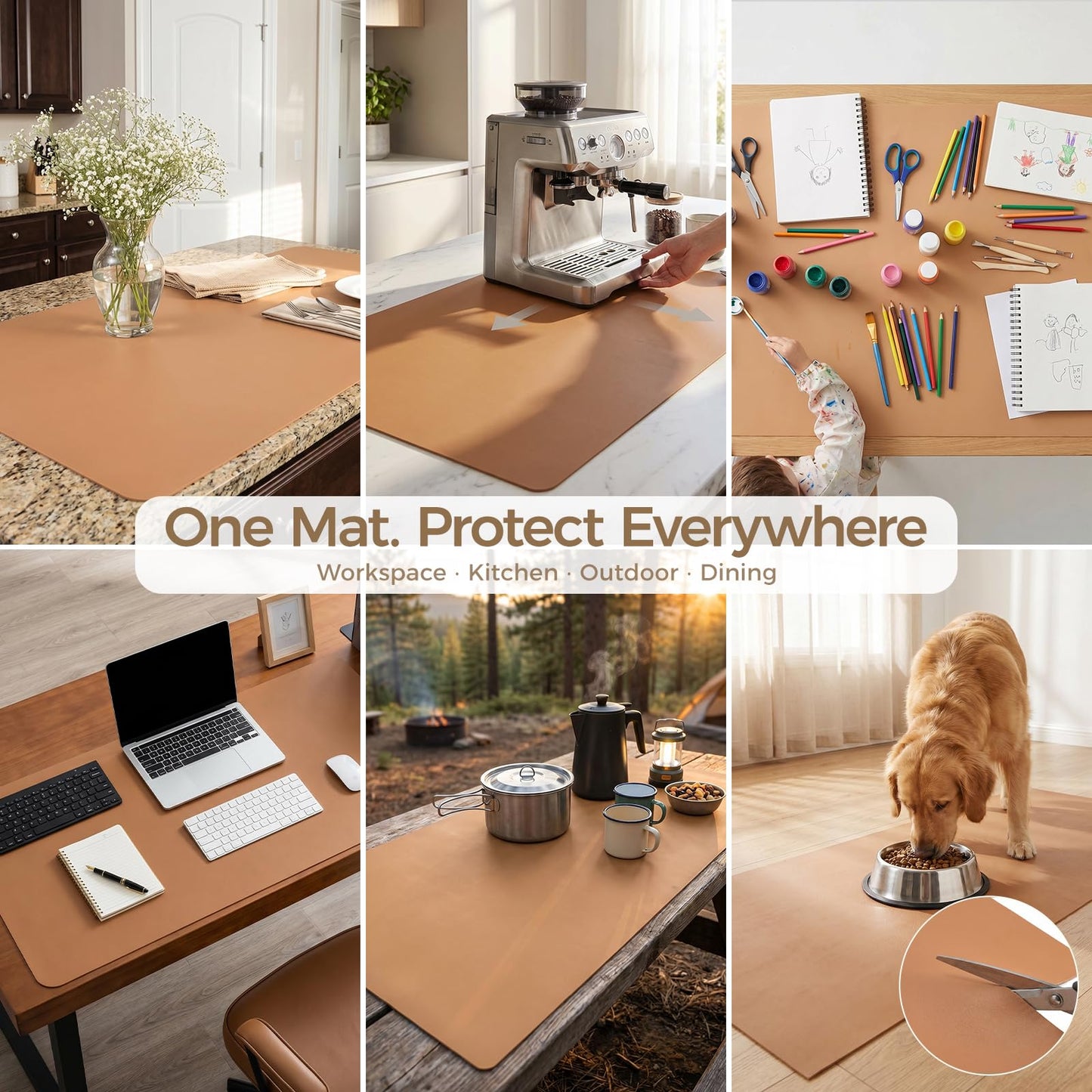 Promattoo 1.6mm Thick Leather 17x54 Inch Non-Slip Mat, Waterproof Countertop Protector, Dinner Table Runner/Cabinet Top Cover, Caramel Brown