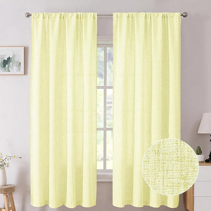 Tollpiz Short Linen Curtains Living Room Rod Pocket Semi Sheer Curtain Burlap Light Filtering Thick Linen Drapes for Bedroom, 54 x 54 inches Long, Cream Yellow, Set of 2 Panels