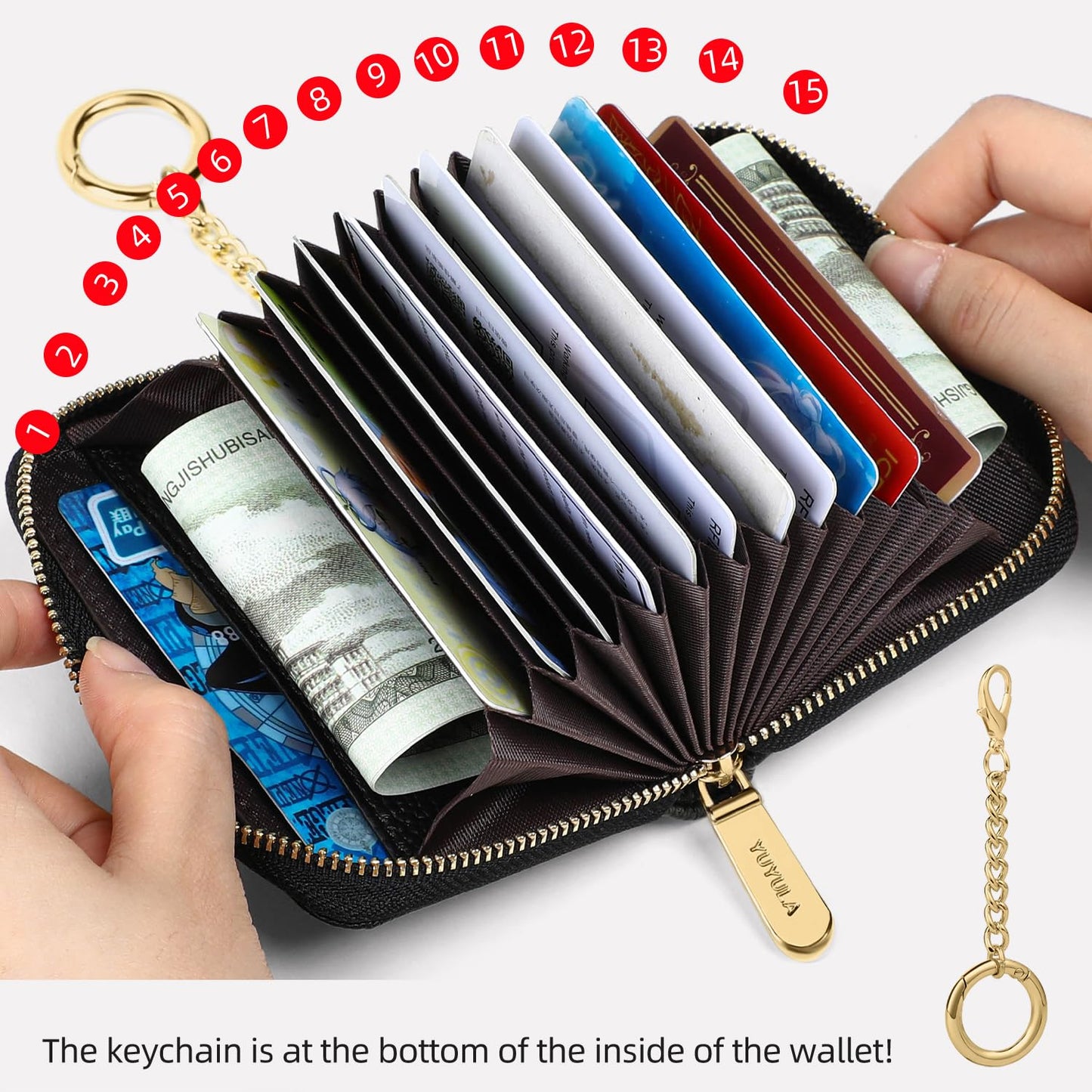 YUYULA Lether Women Credit Card Wallet, Zipper Business Card Holder for Women, RFID Blocking, KeyChain Wallet (Black)