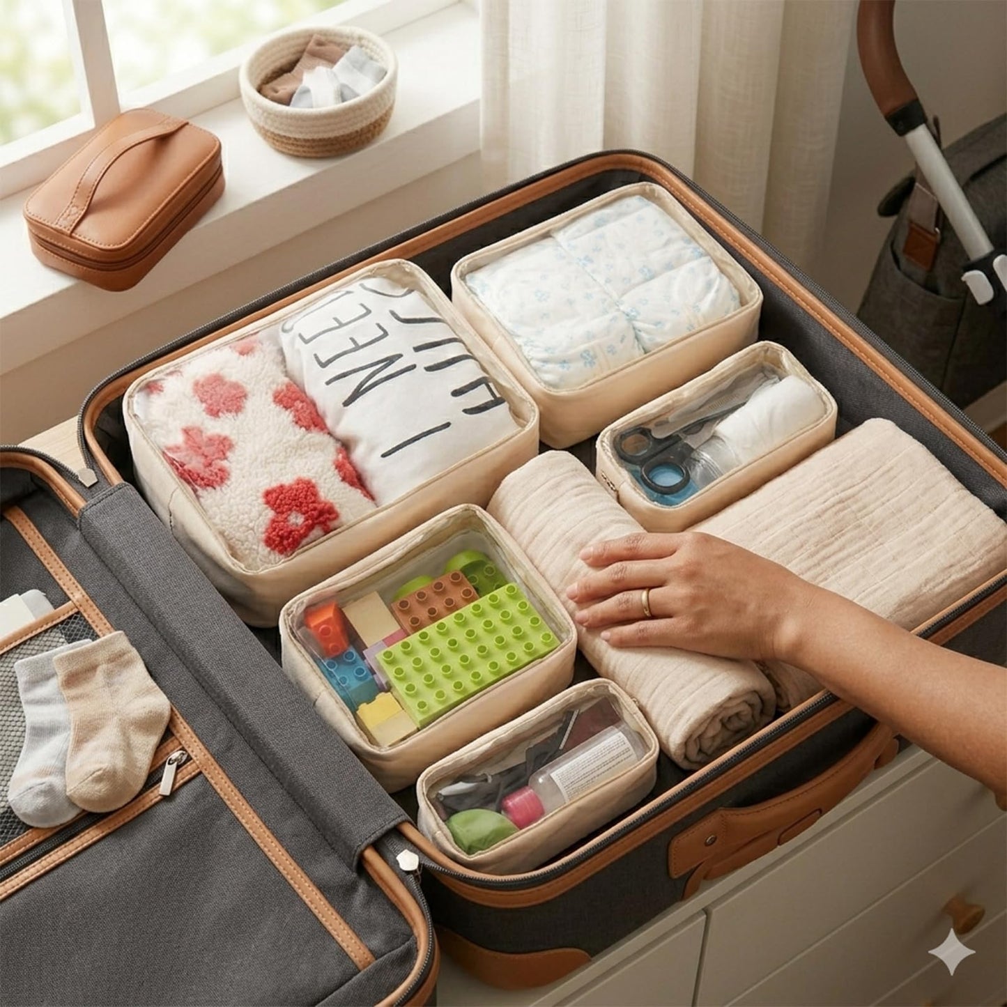 Remobia Hicol TSA Approved 5-Piece Diaper Bag Organizer Pouch Set Clear Waterproof TPU Kids Toiletry Storage Set Travel Packing Clutch Cube Bags for Baby Nursing(Cream leather)