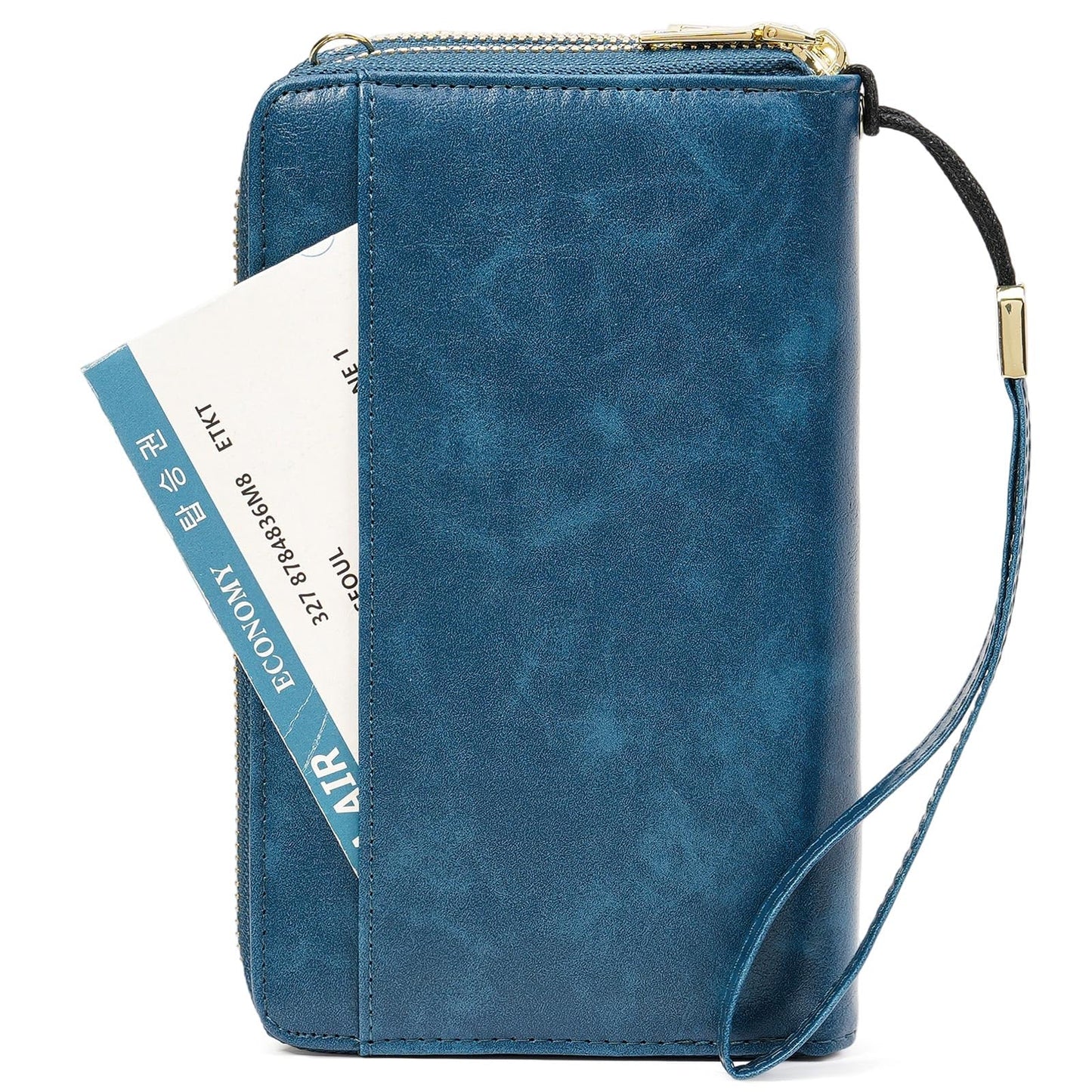 GOIACII Passport Wallet Travel Crossbody Bags for Women Wristlet Phone Purse Double Zip Vegan Leather Blue