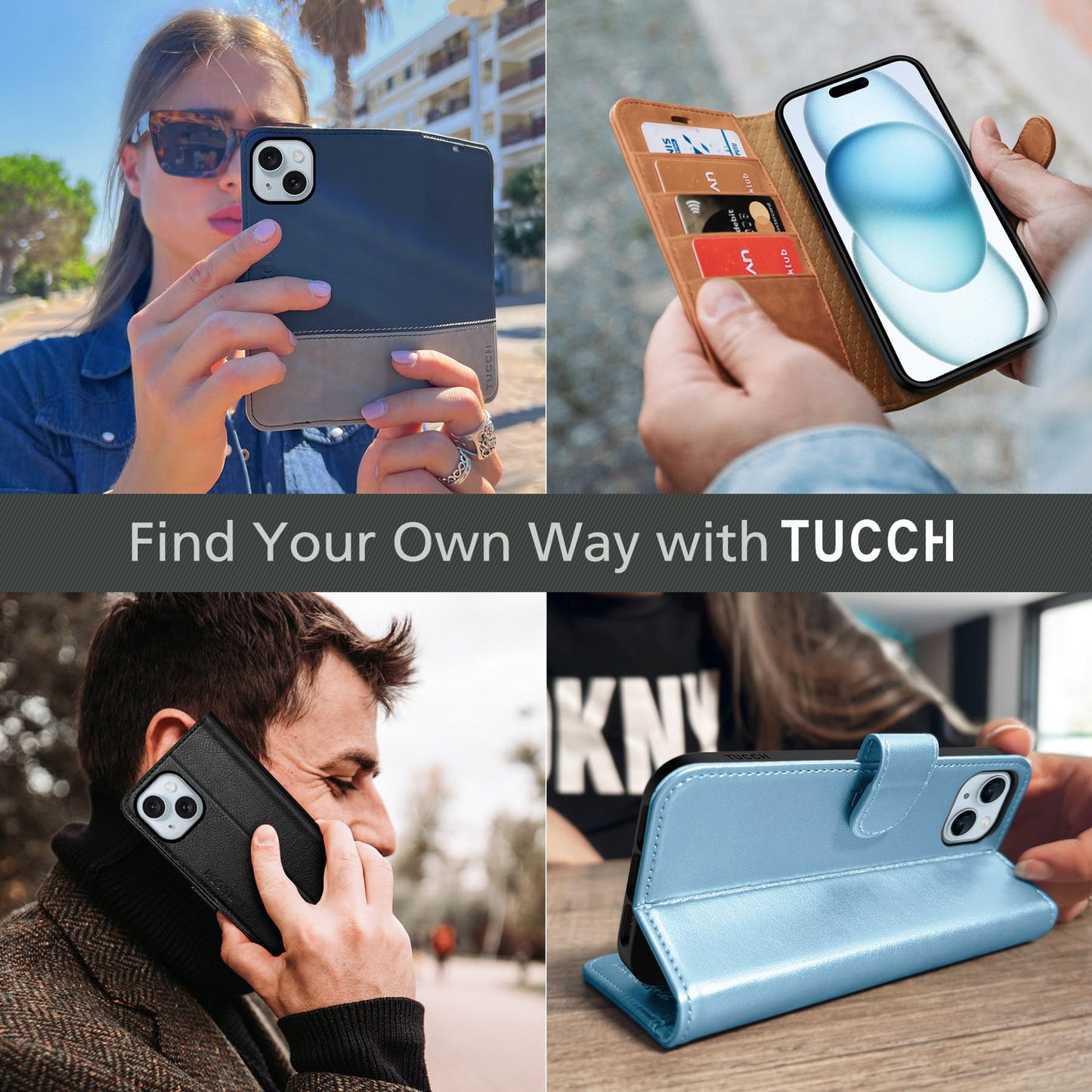 TUCCH Wallet Case for iPhone 15 5G, [RFID Blocking] 4 Card Slot Holder Kickstand [Shockproof TPU Interior Case], PU Leather Magnetic Flip Cover Compatible with iPhone 15 6.1" 2023, Black & Brown