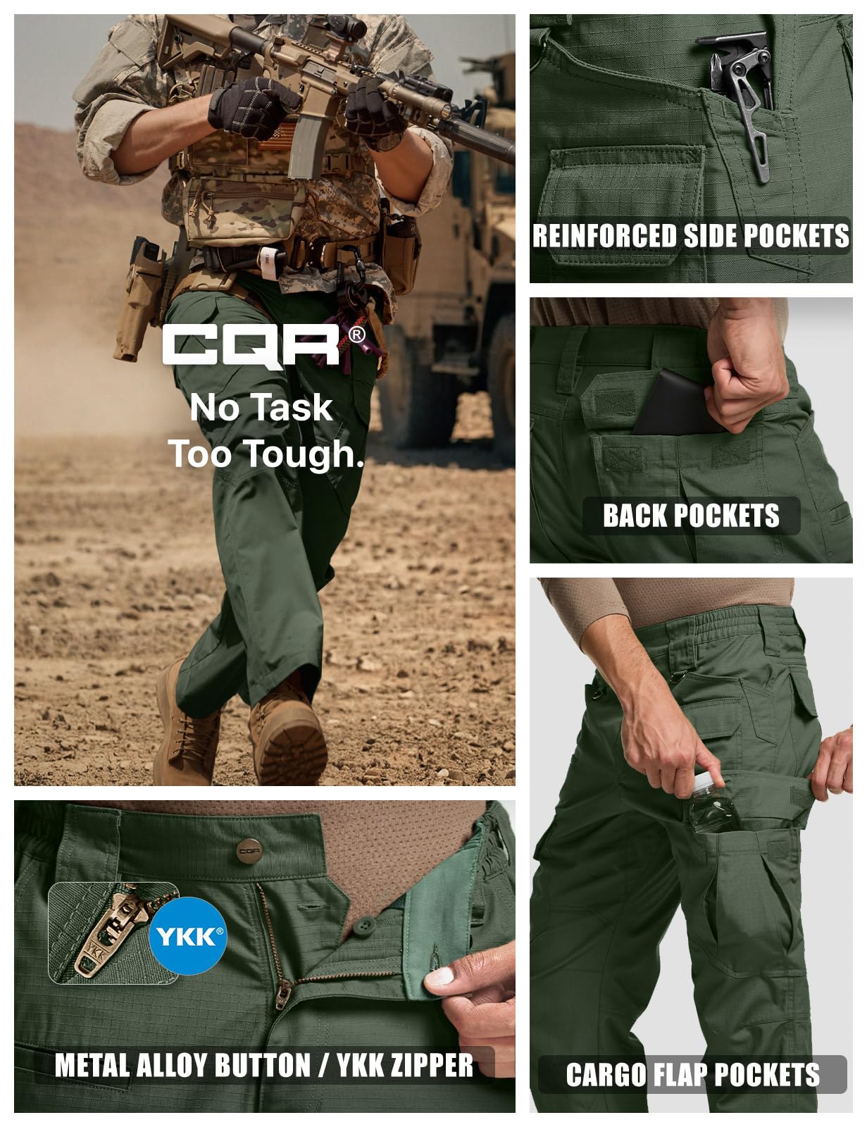 CQR Men's Tactical Pants, Water Resistant Ripstop Cargo Pants, Lightweight EDC Work Hiking Pants, Outdoor Apparel, Raider Mag Green Kelp, 38W x 34L