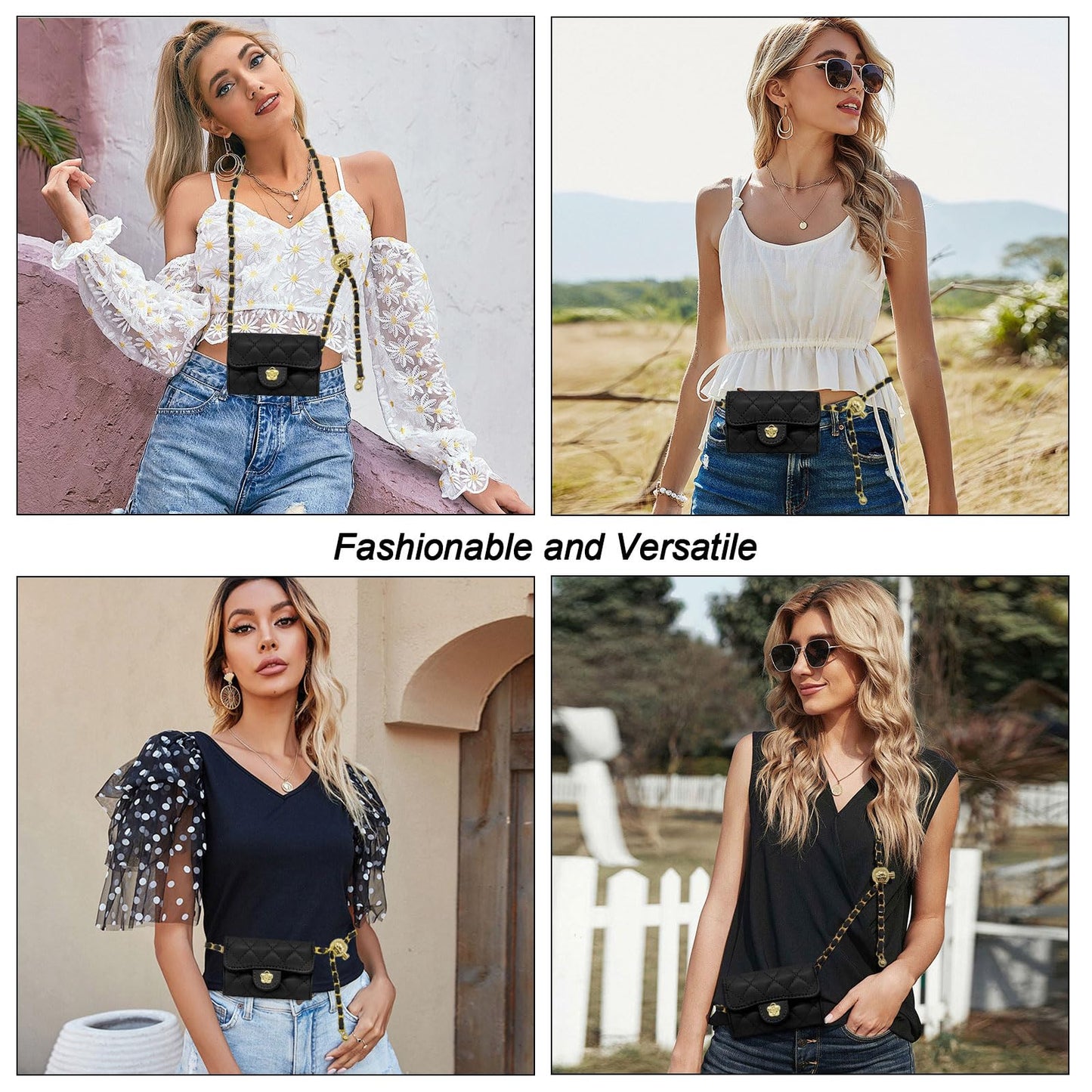 YAMEIZE Mini PU Leather Chain Belt Bag for Women Quilted Waist Purse Crossbody Fanny Pack Detachable Belt Chain