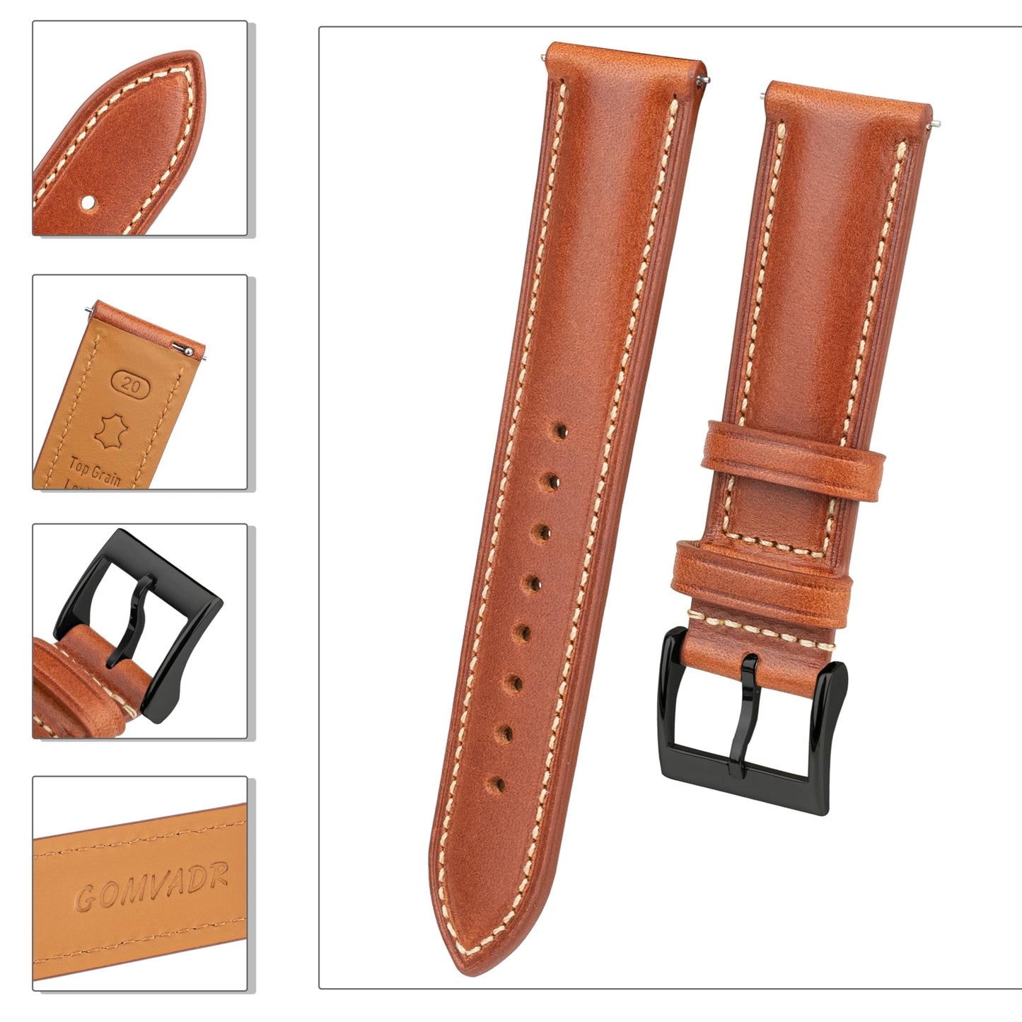 Gomvadr Vintage Genuine Top Grain Leather Watch Strap Quick Release, 18/19/20/21/22/24mm, Silver/Black Buckle, Universal Fit Unisex for Daily Wear (Brown with Black Buckle, 18mm)