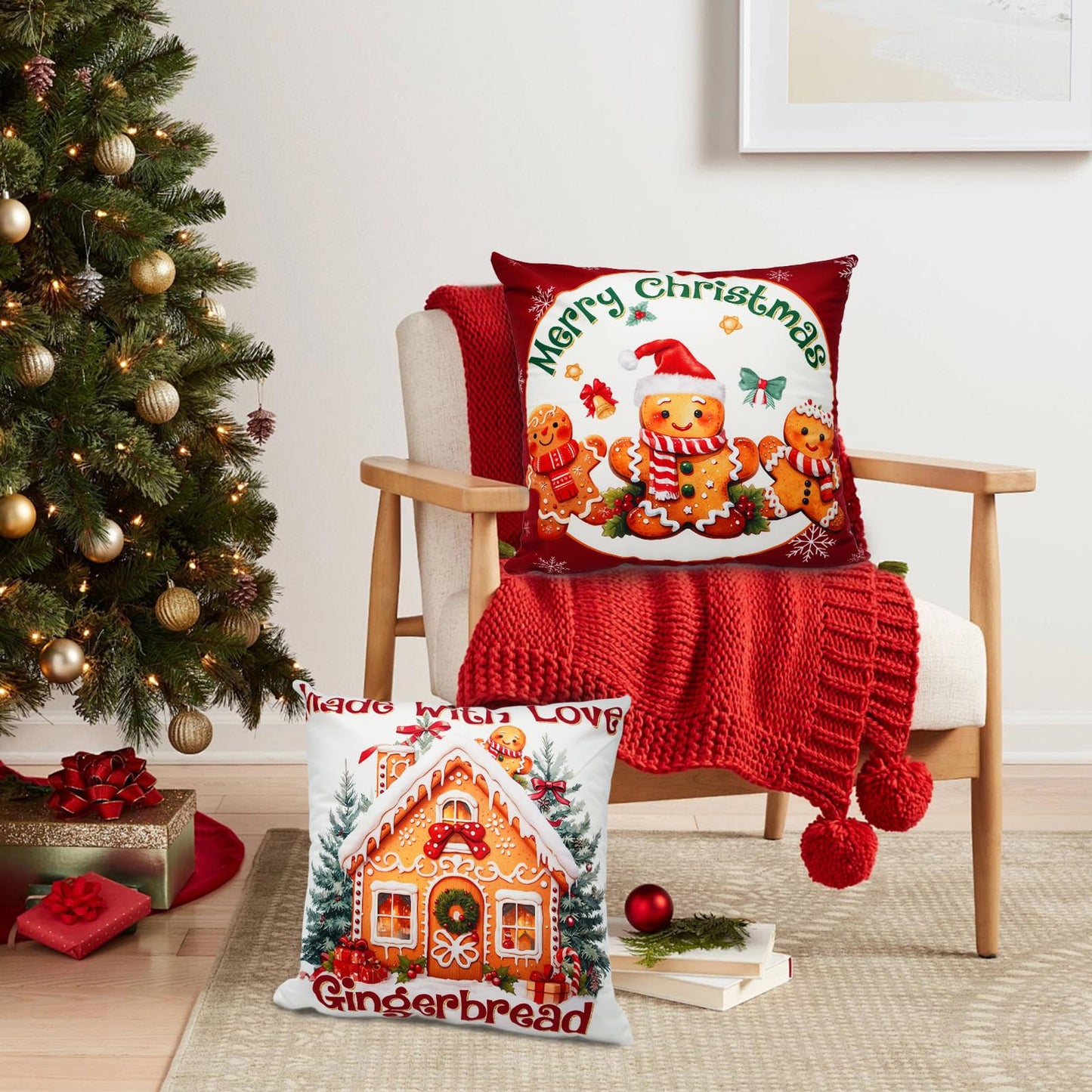 Mocsicka Christmas Gingerbread House Pillow Covers 18×18 Inch, Gingerbread Man House Bakery Throw Pillow Covers Xmas Holiday Cushion Case for Sofa Couch Bed Home Decorations Set of 4