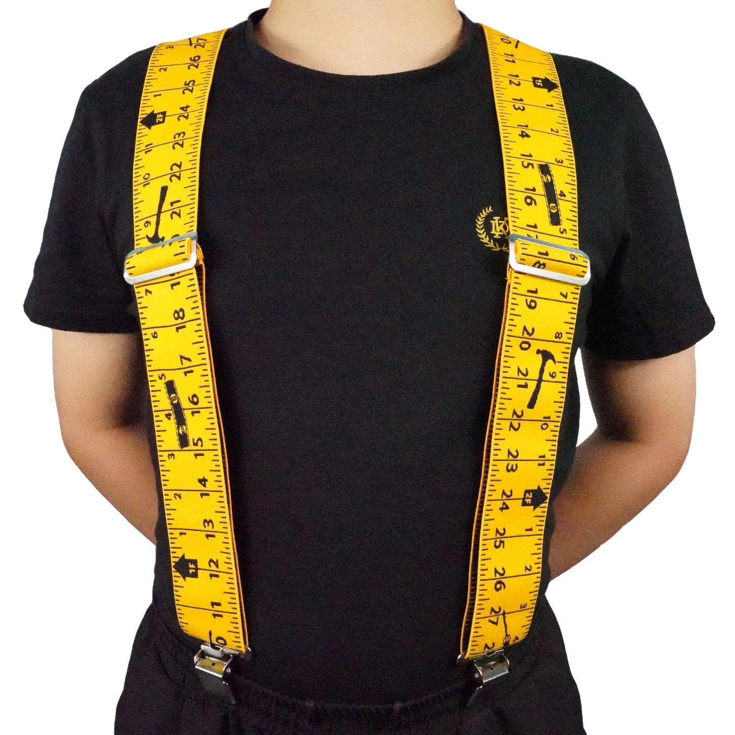 KUNN Men Suspender Tape Measure Pattern 2 inch Suspender Fully Strength Elastic with Heavy Duty Clip,Yellow Color