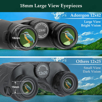 Adorrgon 12x42 HD Binoculars for Adults High Powered with Phone Adapter, Tripod and Tripod Adapter - Large View Binoculars with Clear Low Light Vision - Binocular for Bird Watching Cruise Travel