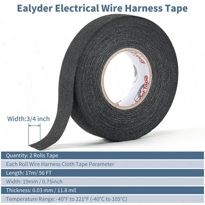 Ealyder Tape 2 Rolls Wire Harness Tape 3/4 Inch x 56 FT, High Temp Wiring Loom Harness Electrical Tape, Self-Adhesive Felt Cloth Wrap for Automotive Engines, Cable Protection and Noise Dampening