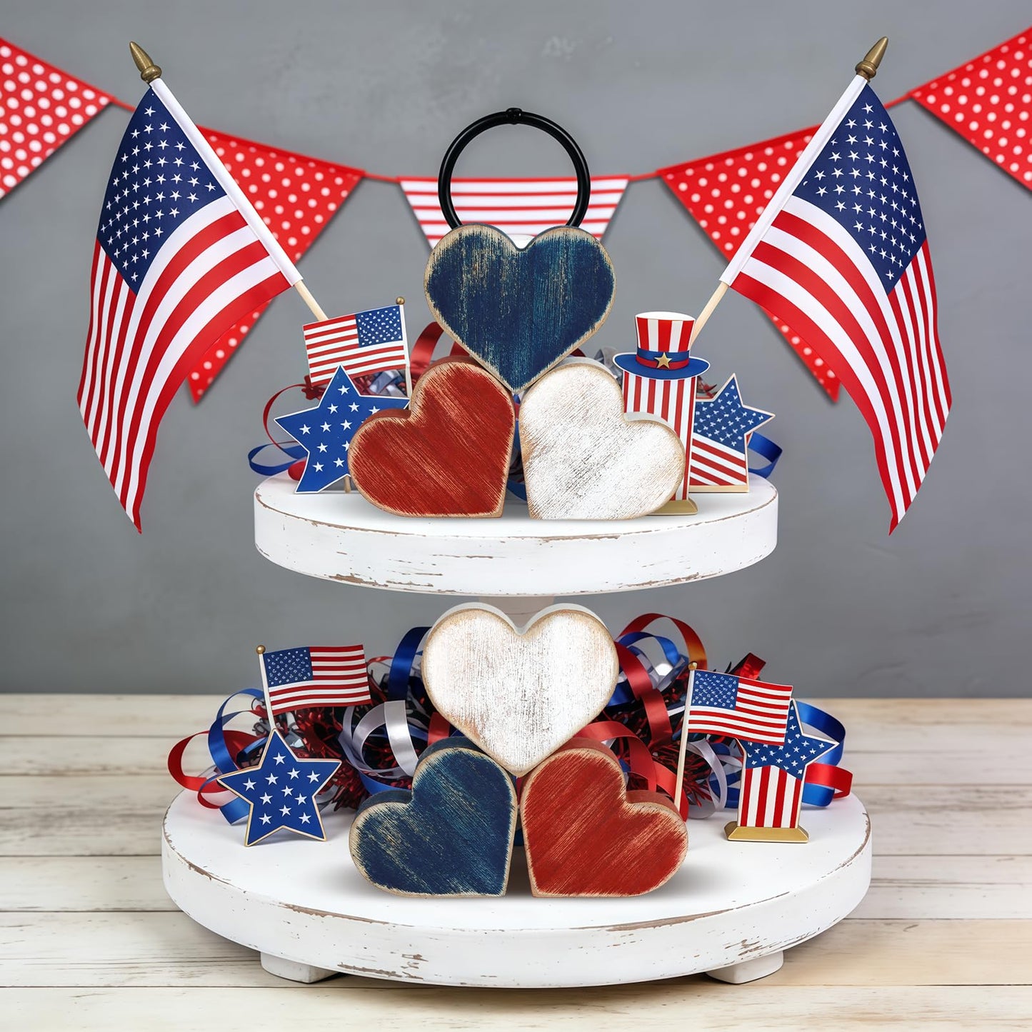 COCHIE Wooden Hearts 4th of July Decorations Indoor, Wood Heart Blocks Memorial Day Tiered Tray Decor Set of 6, Red Blue White Veterans Day Decoration for Home Party Office Shelf Mantle (Patriotic)