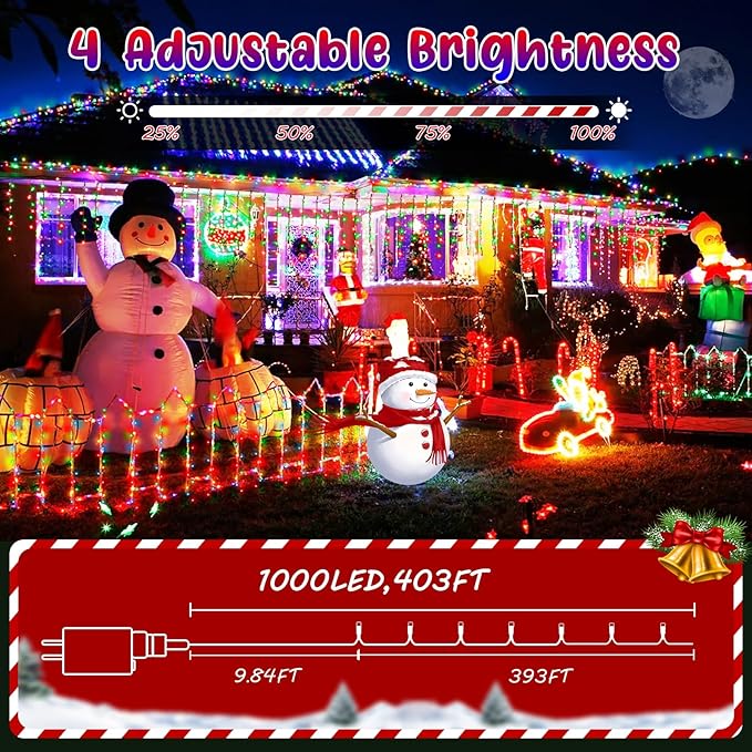 Hezbjiti 403FT 1000LED Color Changing Christmas Lights Outdoor, 11 Modes String Lights IP44 Waterproof Fairy Lights for Party Wedding Tree Decorations (Multicolor to Warm White, Clear Wire)