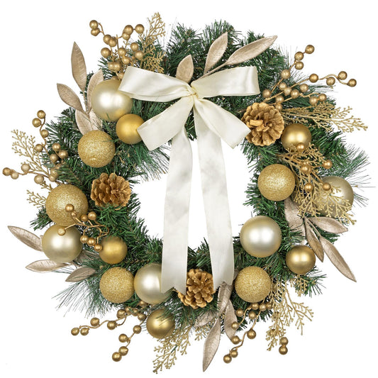 24 inch Christmas Door Wreath, Large Gold Wreaths for Front Door with Champagne Bow Golden Ball Glittered Leaf Spray Stems Pinecones for Fireplace Xmas Decorations, Wall Window Indoor Outdoor Decor