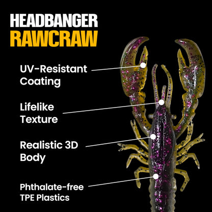 Headbanger RawCraw 4 Pieces Soft Plastic Craw Bait for Bass Fishing – Floating TPE Craw with Kicking Claws – Durable Jig Trailer & Creature Bait for Texas Rig