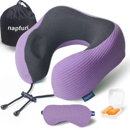 napfun Neck Pillow for Traveling, Upgraded Travel Neck Pillow for Airplane 100% Pure Memory Foam Travel Pillow for Flight Headrest Sleep, Portable Plane Accessories, Light Grey