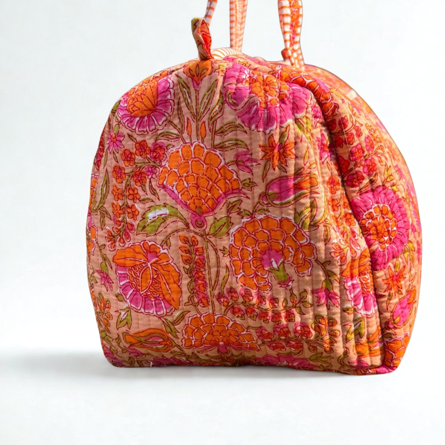 Large Orange Pink Cotton Quilted Duffle Bags Block Print Gifts Handmade Colorful Travel Night Travel Gym Yoga Luggage Pocket 18X9X9 inches