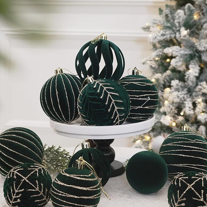 3.15INCH Green Velvet Ornaments for Christmas Tree, 12PCS Glitter Flocked Christmas Ornaments Decorations Balls Set Decor