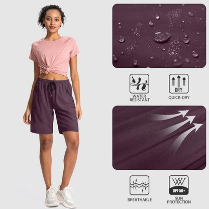 SANTINY Women's 5''/ 7''/9'' Hiking Cargo Shorts Quick Dry Lightweight Summer Shorts for Women Athletic Golf Zipper Pockets(Wine_S)