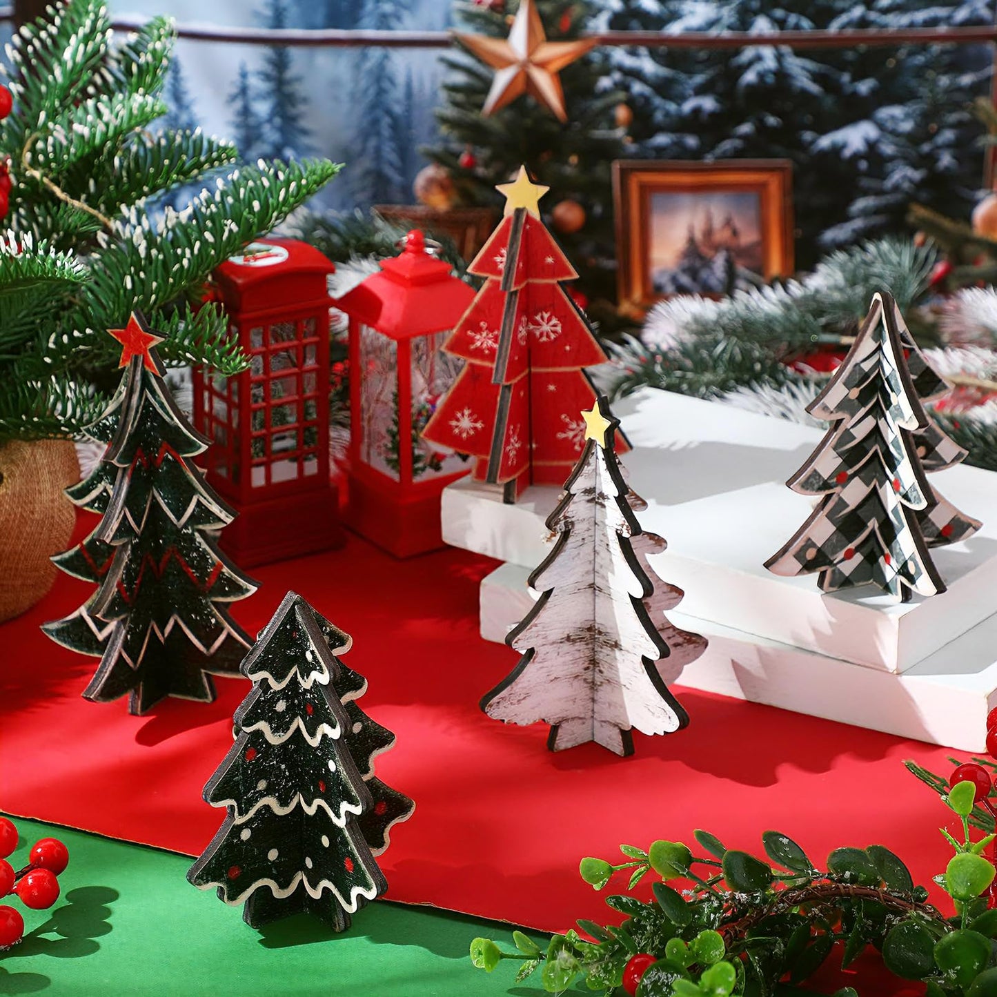 Bucherry 5 Pcs Retro Wooden Christmas Trees Tabletop Decorations Rustic 3D Christmas Trees Xmas Centerpieces Farmhouse Table Wooden Signs for Xmas Winter Farmhouse Home Tiered Tray Decor