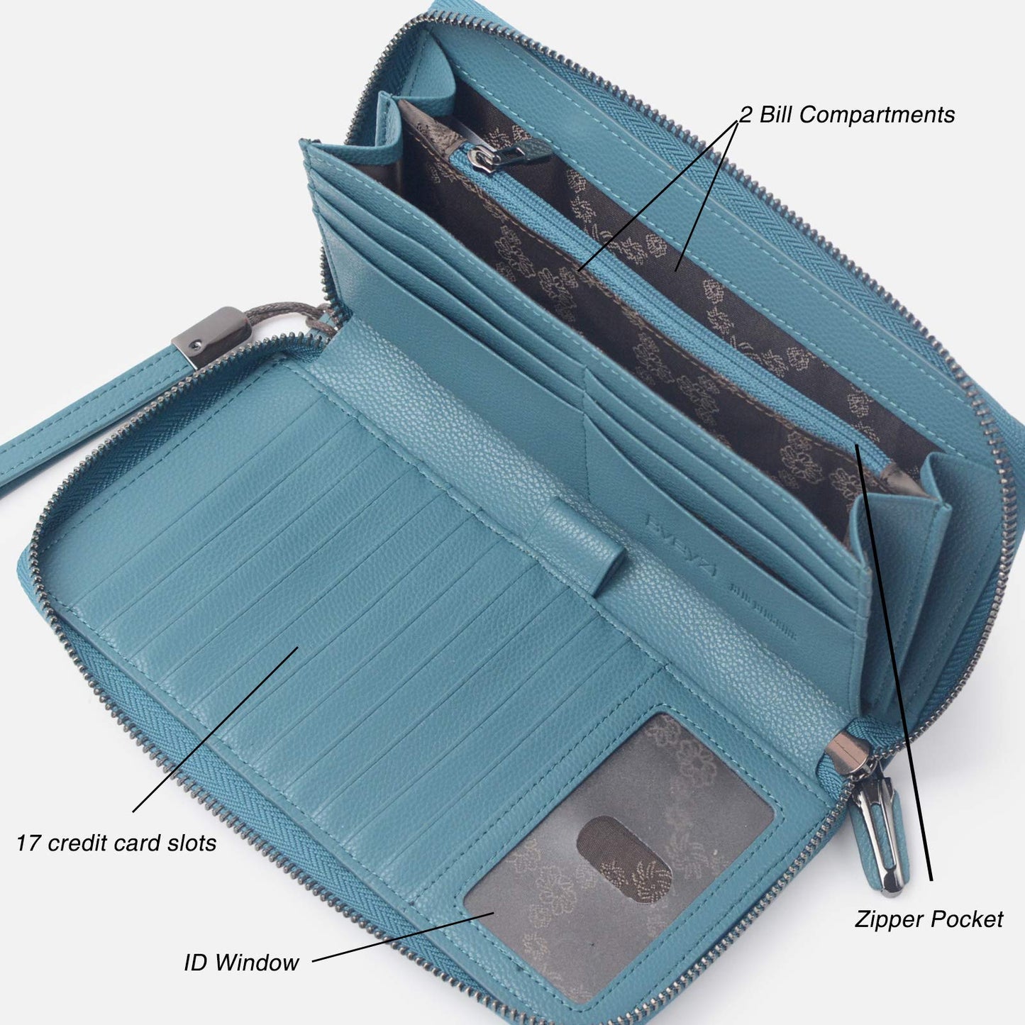 Bveyzi Women RFID Blocking Wallet Leather Zip Around Phone Clutch Large Capacity Ladies Travel Purse Wristlet (Lake Blue)