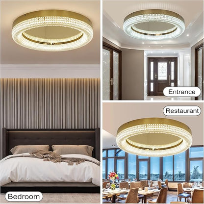 23.6" Gold LED 3 Color Remote Dimmable Modern Crystal Chandelier Round LED Crystal Ceiling Light Fixture Flush Mount Chandelier Ceiling Light with Crystals for Hallway Bedroom Kitchen Foyer (Gold)