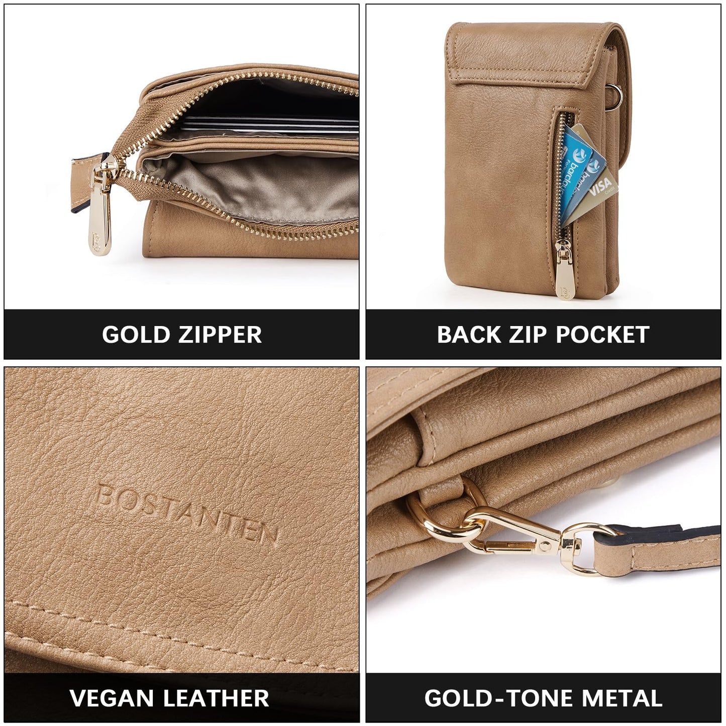 BOSTANTEN Vegan Leather Small Crossbody Bags for Women Designer Cell Phone Bag Wallet Purses Adjustable Strap Camel Brown