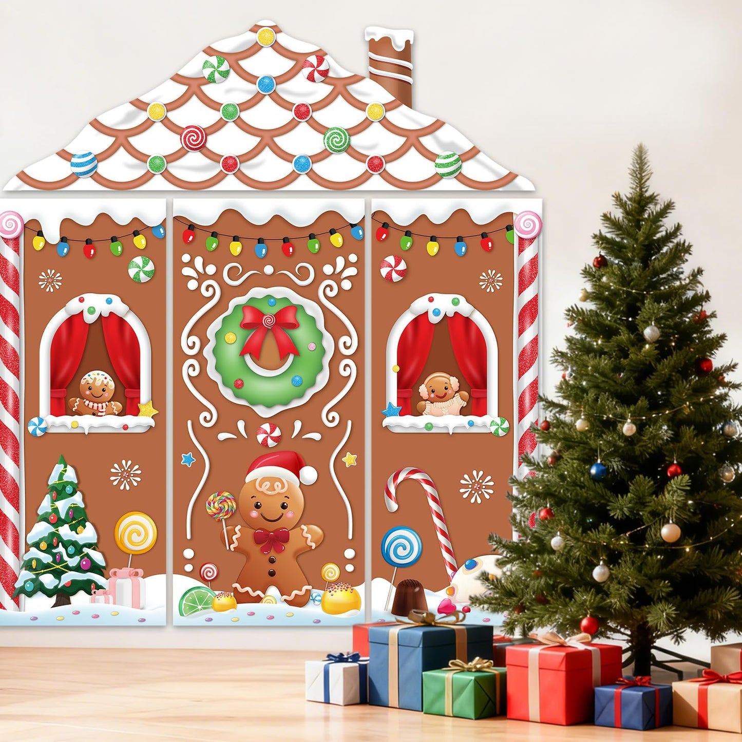 4pcs Gingerbread House Door Cover Decorations, Christmas Gingerbread Door Banner Backdrop for Christmas Holiday Party Decor, 110.24 * 98.43 in