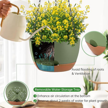 Set of 2 10 Inch Self Watering Hanging Planters for Indoor Outdoor Plants, Color Blocking Hanging Baskets Flower Pots with Drainage Hole & Removable Water-Storage Tray and 20" Chain Hanger