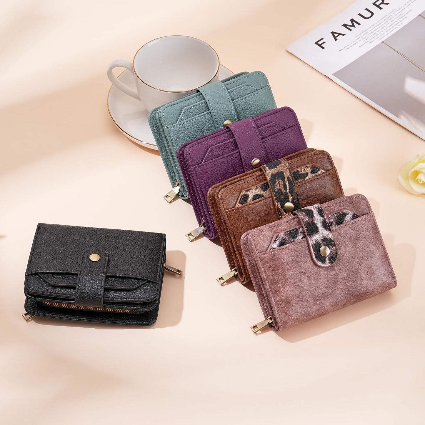 GAEKEAO Small Leather Credit Card Holder Wallets for Women RFID Blocking Bifold Wallet Zipper Pocket with Removable ID Window