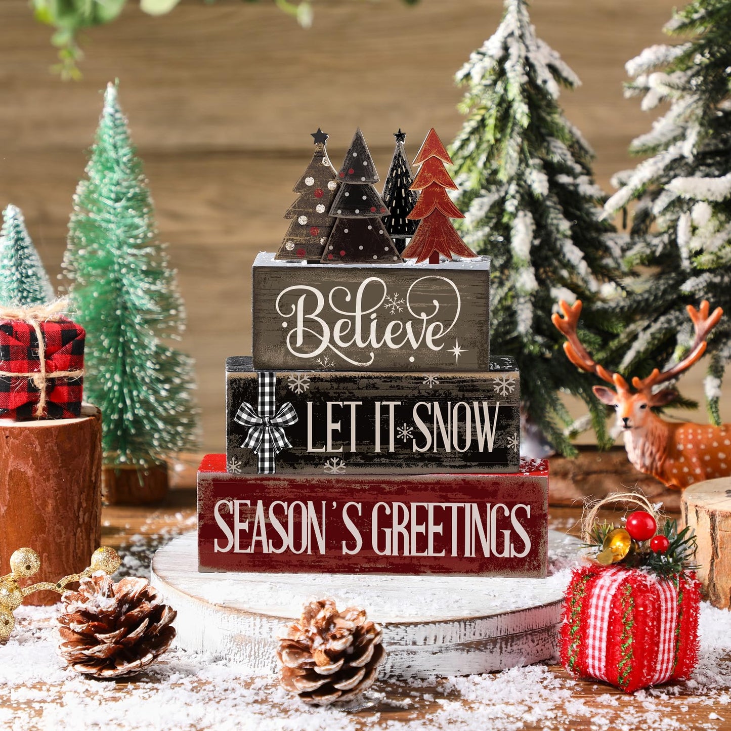 Moucuny 4 Pcs Christmas Table Decor Christmas Tree Centerpiece Rustic Decorative Tree Block Signs Gift Winter Tiered Tray Decor Farmhouse Winter Tabletop Decoration for Home Xmas Party Kitchen Shelf