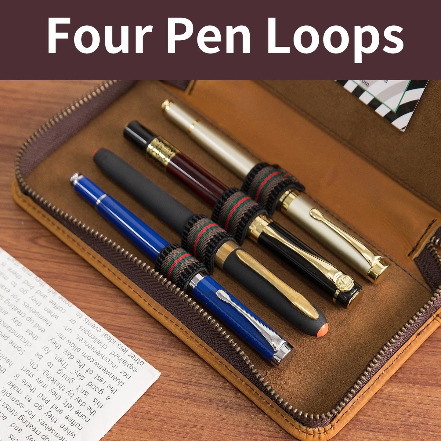 Geslun Genuine Leather Fountain Pen Case - Zippered Ballpoint Pen Pouch Bag with 4 Loops Holder, Inside Open Slot, Handmade Soft Cowhide, Vintage Stationery Gift for Men and Women, Brown