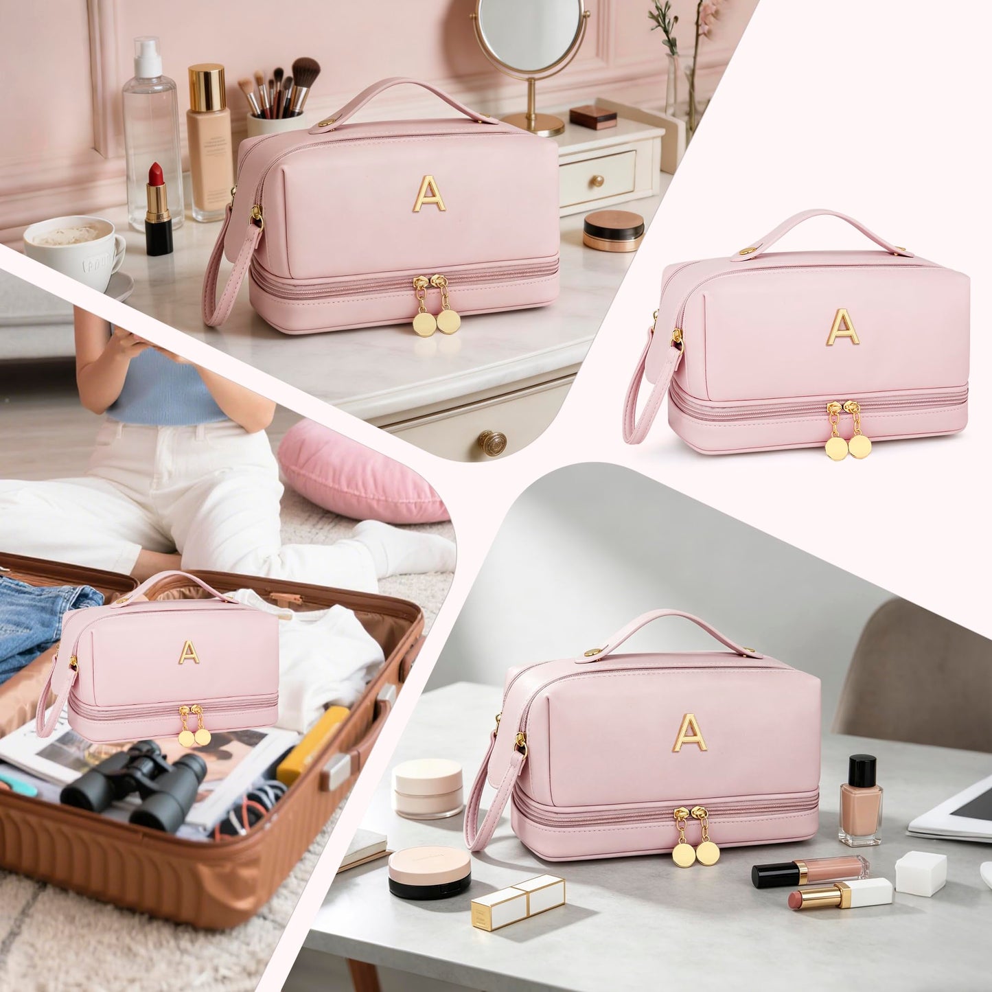 CLOUDWINGS Gifts for Women Birthday Gifts Initial Makeup Bag for Women Personalized Large Capacity Travel Toiletry Bag Cosmetic Bag Gifts for Mom-Graduation Gift for Teens Girls (Pink A)