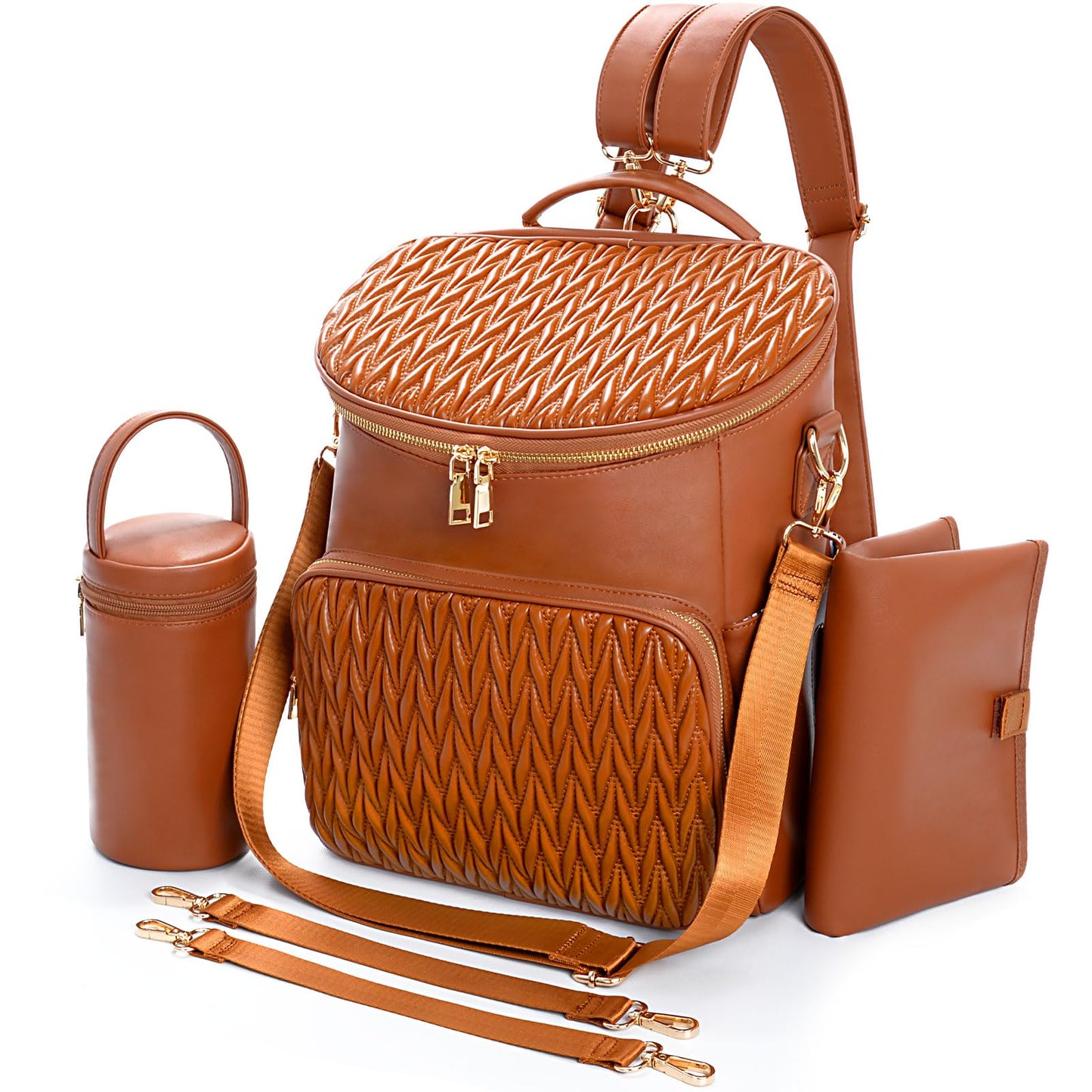 Minsong Diaper Bag Backpack, Fashion Leather Mommy Backpacks, Travel Baby Diaper Bags with in Bag Organizer and Changing Pad (Brown-stripes)