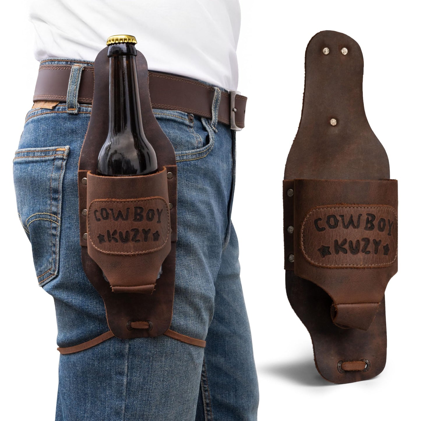 Hide & Drink, Beer Holster for Cowboy, Handsfree Beverage Holder, Western Bottle Leg Grip for Men and Women, Full Grain Leather, Handmade Drinking Accessories, Bourbon Brown