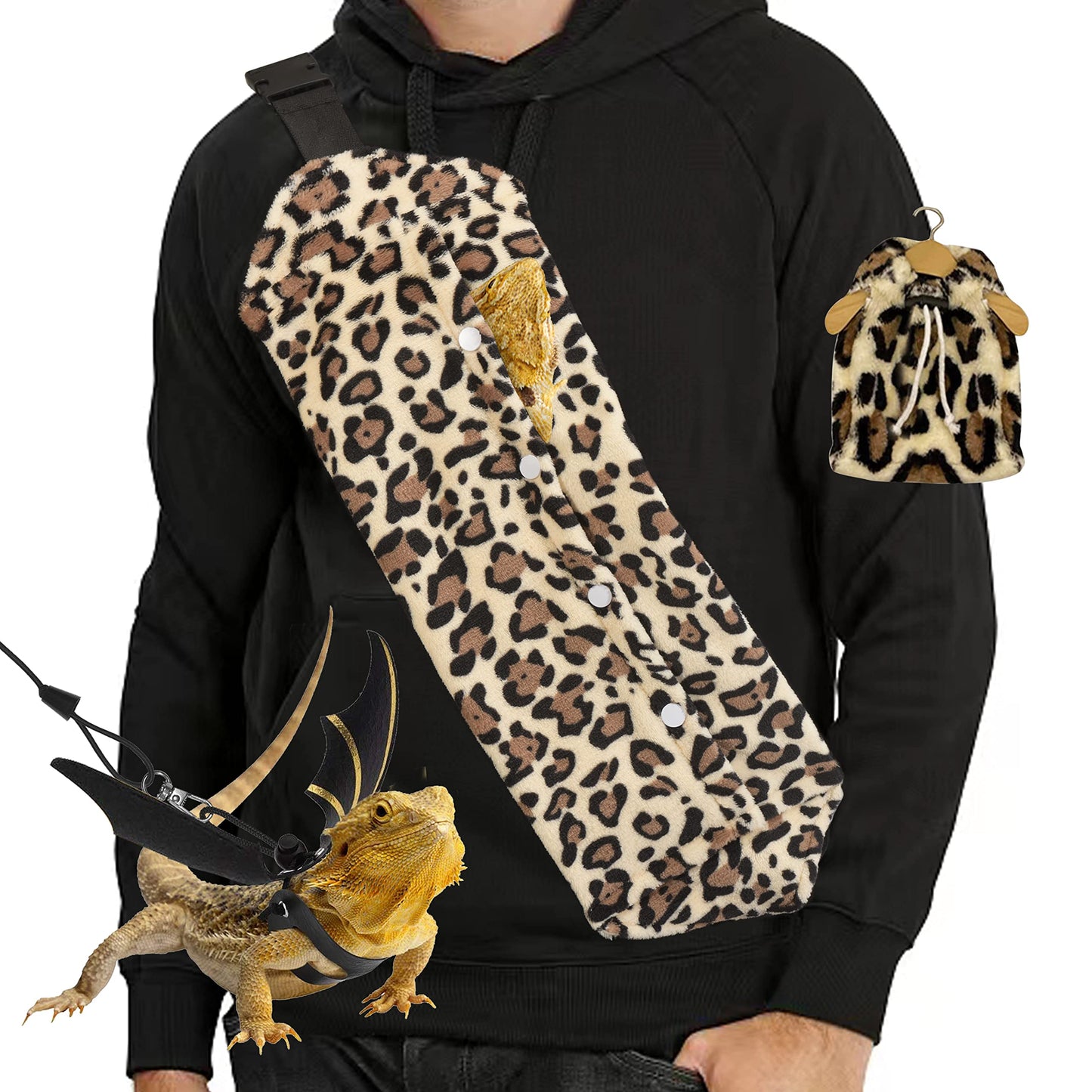 Bearded Dragon Leash and Harness Set, Beardie Carrier, Lizard Adjustable Harness with Leather Wings and Sling Bag, Reptile Small Pet Backpack Batwing Accessories (Leopard Pattern)