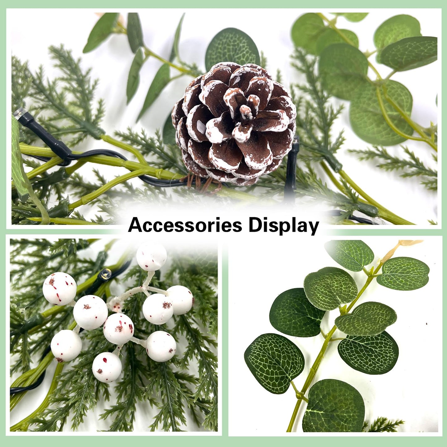 Flopttsun 6FT Christmas Garlands with 20 LED Lights,Prelit Articial Spruce Garland with Eucalyptus Berry Pinecone,Battery Operated for Stair Winter Indoor Home Decor