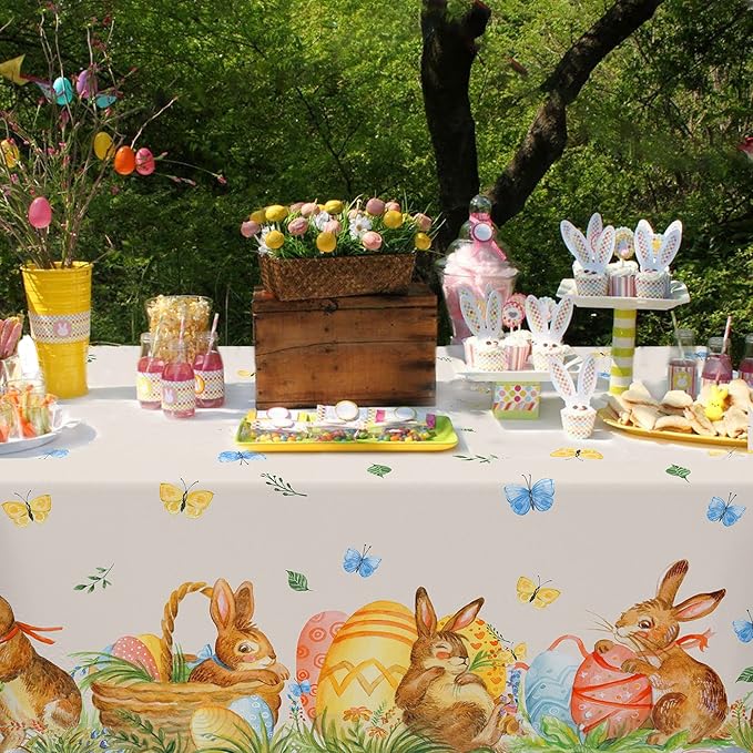 Easter Bunny Tablecloth 54"x108" Rectangle Vintage Easter Floral Butterflies Flower Leaf Egg Rabbit Fabric Table Cover for Happy Easter Spring Holiday Birthday Wedding Outdoor Picnic Party Supplies