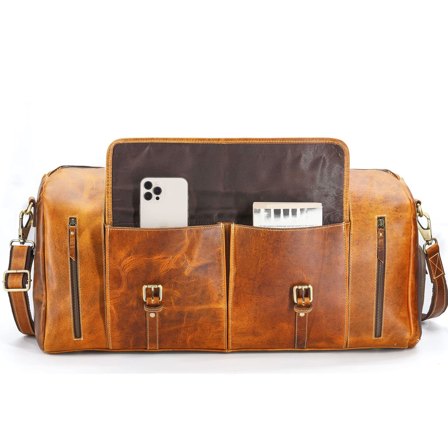 KomalC Leather Duffle Bags for Men and Women Travel Overnight Weekend sports bag holdall Gym Duffel for Men (Distressed Tan, 28 Inch)