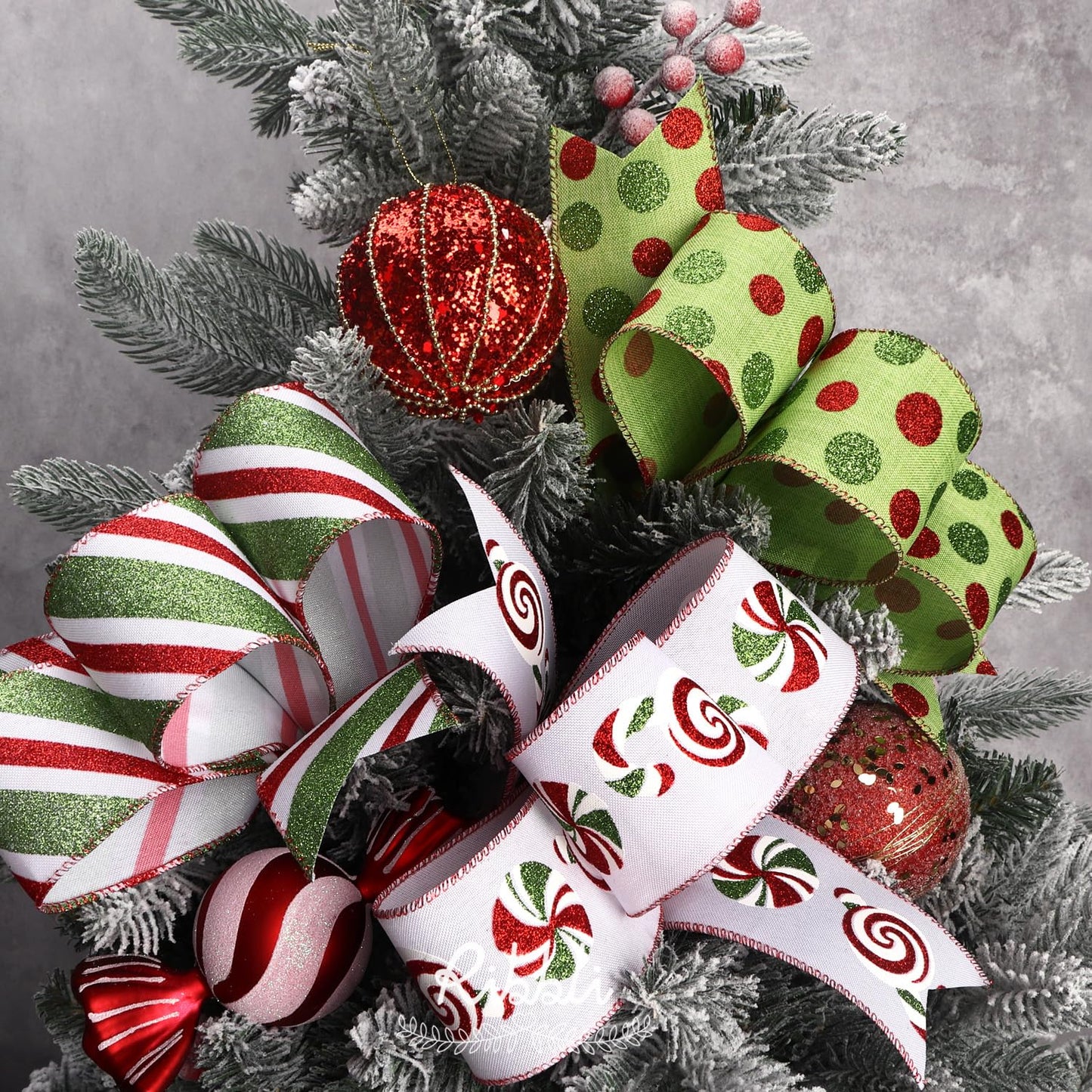 Ribbli Christmas Ribbon Wired Red and Lime Green Christmas Tree Ribbon Candy Cane Glitter Burlap Ribbons for Topper Bow Crafts Gift Wrapping Wreaths Garland Home Decor -2.5 Inchx6 Rolls Total 30Yard